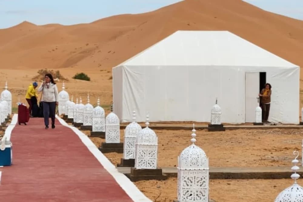 Bivouac de Luxe à Merzouga – Balade à dos de dromadaire + Dîner & Spectacle + Salle de bain privée + Sandboard gratuit